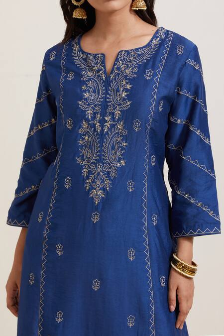 Shop Priya Chaudhary Blue Chanderi Silk Embroidery Split V-neck Kurta Online at Aza Fashions Shop_Priya Chaudhary_Blue Chanderi Silk Embroidery Split V-neck Kurta _Online_at_Aza_Fashions