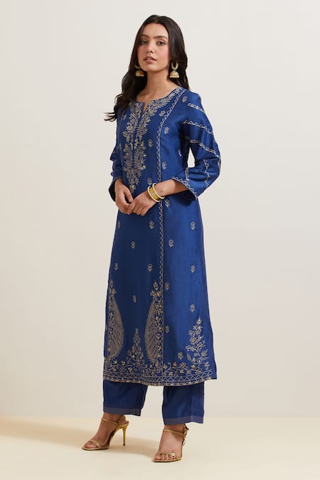 Buy Priya Chaudhary Blue Chanderi Silk Embroidery Split V-neck Kurta And Pant Set Online at Aza Fashions Buy_Priya Chaudhary_Blue Chanderi Silk Embroidery Split V-neck Kurta And Pant Set _Online_at_Aza_Fashions