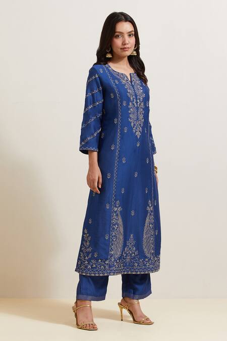 Buy Priya Chaudhary Blue Chanderi , , Embroidery Split V-neck Kurta Pant Set Online at Aza Fashions Buy_Priya Chaudhary_Blue Chanderi , , Embroidery Split V-neck Kurta Pant Set _Online_at_Aza_Fashions