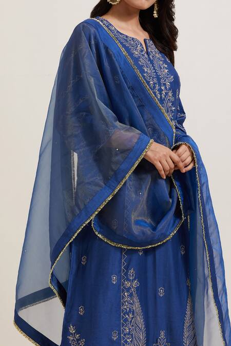 Buy Priya Chaudhary Blue Chanderi , , Embroidery Split V-neck Kurta Pant Set Buy_Priya Chaudhary_Blue Chanderi , , Embroidery Split V-neck Kurta Pant Set