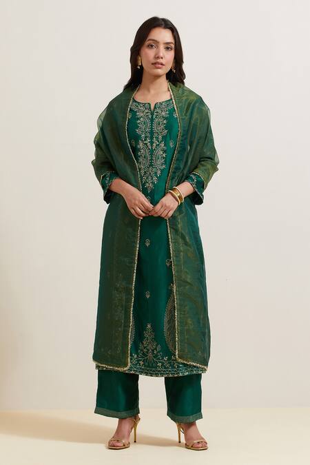 Shop Priya Chaudhary Green Chanderi Silk Embroidery Split V-neck Kurta And Pant Set Online at Aza Fashions Shop_Priya Chaudhary_Green Chanderi Silk Embroidery Split V-neck Kurta And Pant Set _Online_at_Aza_Fashions