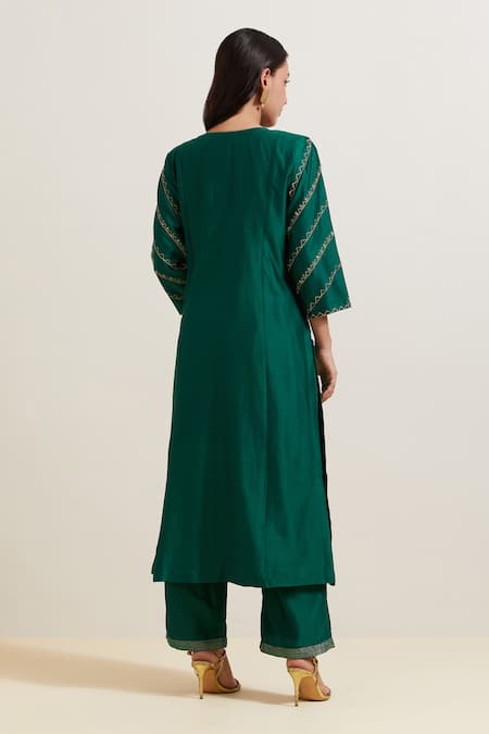 Shop Priya Chaudhary Green Chanderi , , Embroidery, Fringe Kurta Pant Set at Aza Fashions Shop_Priya Chaudhary_Green Chanderi , , Embroidery, Fringe Kurta Pant Set _at_Aza_Fashions