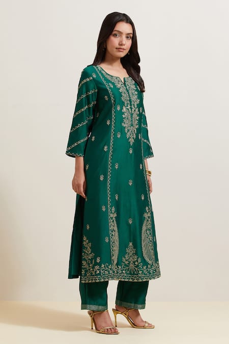 Priya Chaudhary Green Chanderi , , Embroidery, Fringe Kurta Pant Set Online at Aza Fashions Priya Chaudhary_Green Chanderi , , Embroidery, Fringe Kurta Pant Set _Online_at_Aza_Fashions