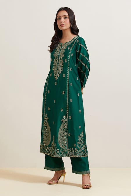 Buy Priya Chaudhary Green Chanderi , , Embroidery, Fringe Kurta Pant Set Online at Aza Fashions Buy_Priya Chaudhary_Green Chanderi , , Embroidery, Fringe Kurta Pant Set _Online_at_Aza_Fashions