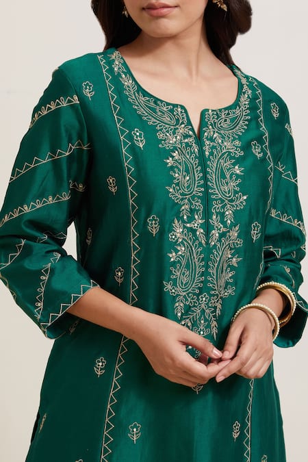 Shop Priya Chaudhary Green Chanderi , , Embroidery, Fringe Kurta Pant Set Online at Aza Fashions Shop_Priya Chaudhary_Green Chanderi , , Embroidery, Fringe Kurta Pant Set _Online_at_Aza_Fashions