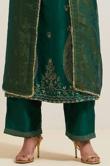 Priya Chaudhary Green Chanderi , , Embroidery, Fringe Kurta Pant Set at Aza Fashions Priya Chaudhary_Green Chanderi , , Embroidery, Fringe Kurta Pant Set _at_Aza_Fashions