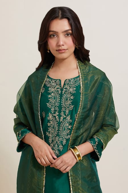 Buy Priya Chaudhary Green Chanderi , , Embroidery, Fringe Kurta Pant Set Buy_Priya Chaudhary_Green Chanderi , , Embroidery, Fringe Kurta Pant Set