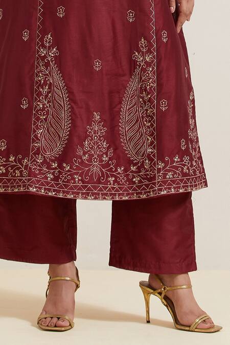 Priya Chaudhary Maroon Chanderi Silk Embroidery Split V-neck Floral Kurta And Pant Set Online at Aza Fashions Priya Chaudhary_Maroon Chanderi Silk Embroidery Split V-neck Floral Kurta And Pant Set _Online_at_Aza_Fashions