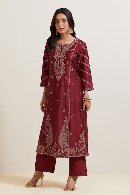 Shop Priya Chaudhary Maroon Chanderi , Organza, Embroidery Split V-neck Floral Kurta Set Online at Aza Fashions Shop_Priya Chaudhary_Maroon Chanderi , Organza, Embroidery Split V-neck Floral Kurta Set _Online_at_Aza_Fashions