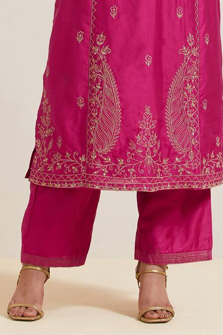 Priya Chaudhary_Pink Chanderi , , Embroidery Split Paisley Kurta Set _Online_at_Aza_Fashions