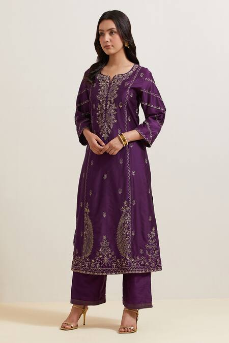 Buy Priya Chaudhary Purple Chanderi Silk Embroidery Split V-neck Floret Kurta And Pant Set Online at Aza Fashions Buy_Priya Chaudhary_Purple Chanderi Silk Embroidery Split V-neck Floret Kurta And Pant Set _Online_at_Aza_Fashions