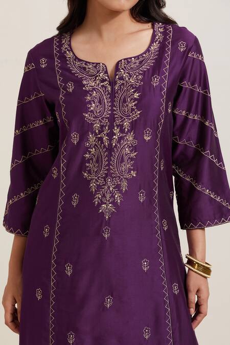 Shop Priya Chaudhary Purple Chanderi Silk Embroidery Split V-neck Floret Kurta And Pant Set Online at Aza Fashions Shop_Priya Chaudhary_Purple Chanderi Silk Embroidery Split V-neck Floret Kurta And Pant Set _Online_at_Aza_Fashions