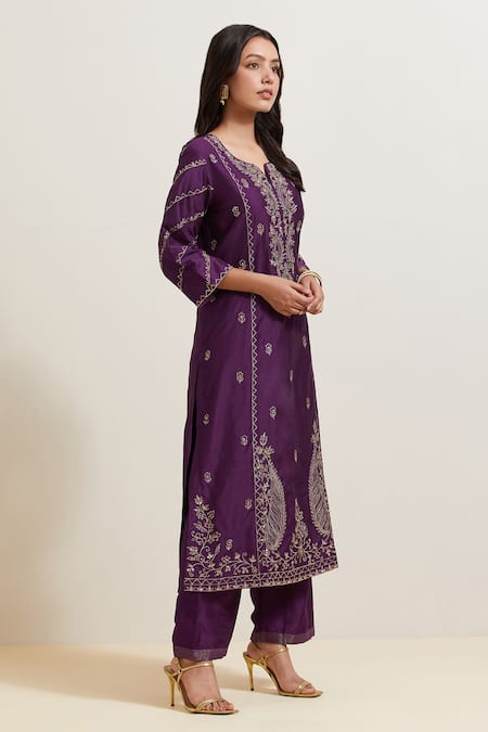 Buy Priya Chaudhary Purple Chanderi Silk, Organza Embroidery Split V-neck Floret Kurta Set Online at Aza Fashions Buy_Priya Chaudhary_Purple Chanderi Silk, Organza Embroidery Split V-neck Floret Kurta Set _Online_at_Aza_Fashions