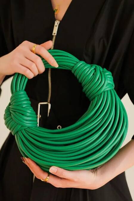 Shop Pine And Drew Green Iris Noodle Strap Leather Bag at Aza Fashions Shop_Pine And Drew_Green Iris Noodle Strap Leather Bag_at_Aza_Fashions