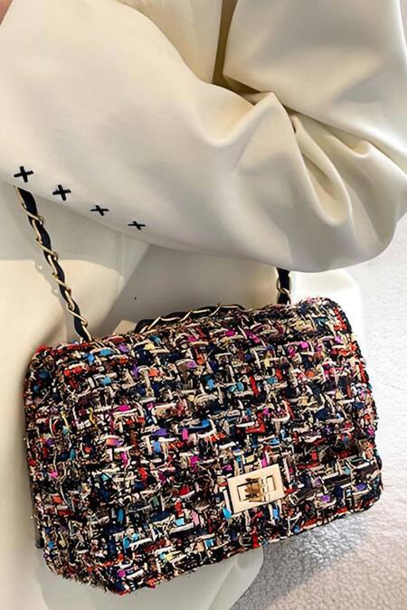 Shop_Pine And Drew_Black Greta Geometric Pattern Bag_Online_at_Aza_Fashions