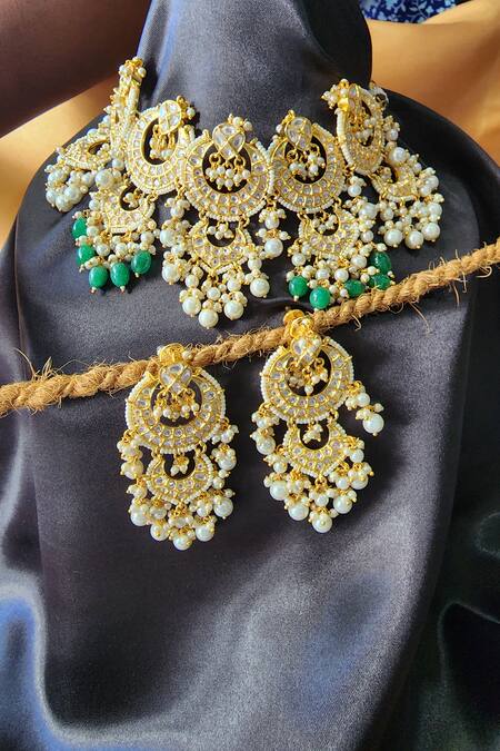The Bling Girll_Gold Plated Pearls, Beads, Stones And Kundan Embellished Choker Necklace Set _Online_at_Aza_Fashions