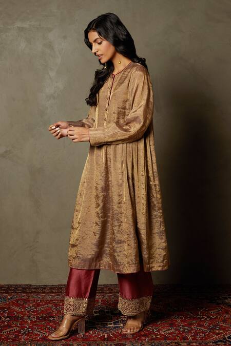 RI.Ritu Kumar_Gold Banaras Silk Hand Embroidered And Metallic Panelled Kurta Set_Online_at_Aza_Fashions