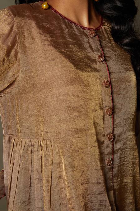 Shop_RI.Ritu Kumar_Gold Banaras Silk Hand Embroidered And Metallic Panelled Kurta Set_Online_at_Aza_Fashions