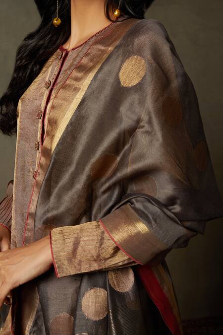 RI.Ritu Kumar_Gold Banaras Silk Hand Embroidered And Metallic Panelled Kurta Set_at_Aza_Fashions