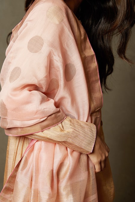 Shop RI.Ritu Kumar Peach Silk Embroidery, Tassels, Zari Round Neck Woven Panelled Kurta Set Online at Aza Fashions Shop_RI.Ritu Kumar_Peach Silk Embroidery, Tassels, Zari Round Neck Woven Panelled Kurta Set _Online_at_Aza_Fashions