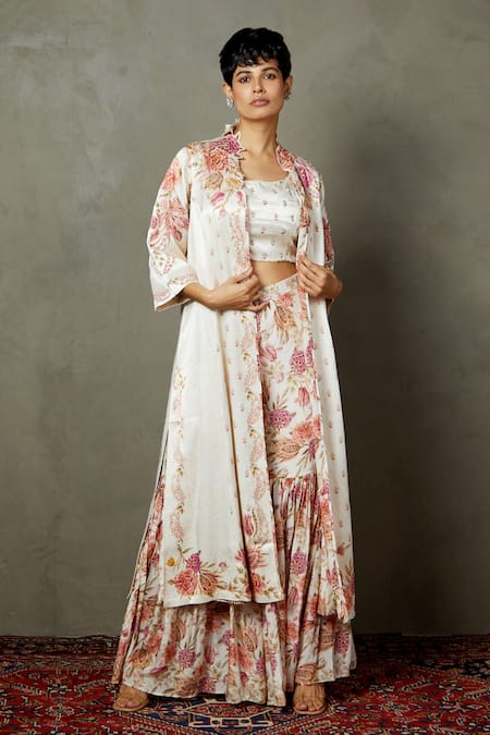 RI.Ritu Kumar_Off White Mashru Dot Printed And Hand Embroidered Floral Tropical Gharara Set _Online_at_Aza_Fashions