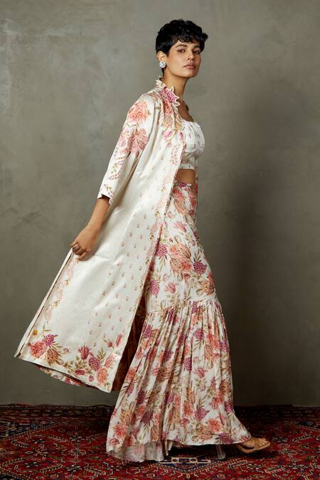 Buy_RI.Ritu Kumar_Off White Mashru Dot Printed And Hand Embroidered Floral Tropical Gharara Set _Online_at_Aza_Fashions
