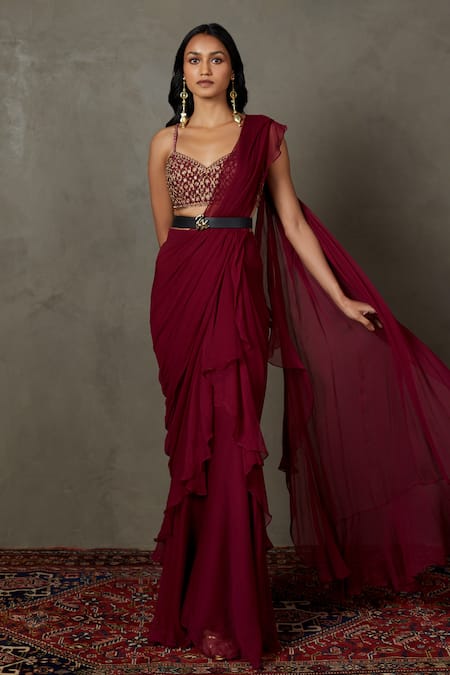 RI.Ritu Kumar Pre-Draped Saree With Embroidered Blouse 