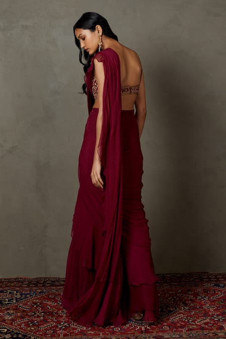 Shop RI.Ritu Kumar Wine Viscose Embroidery, Beads, Sequins Sweetheart Pre-draped Saree With Blouse at Aza Fashions Shop_RI.Ritu Kumar_Wine Viscose Embroidery, Beads, Sequins Sweetheart Pre-draped Saree With Blouse _at_Aza_Fashions