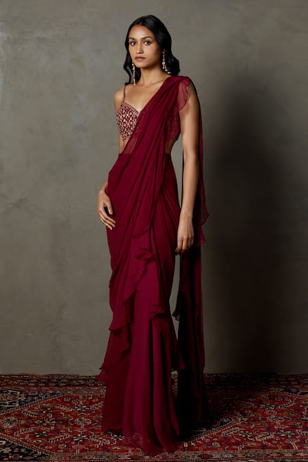 RI.Ritu Kumar Wine Viscose Embroidery, Beads, Sequins Sweetheart Pre-draped Saree With Blouse Online at Aza Fashions RI.Ritu Kumar_Wine Viscose Embroidery, Beads, Sequins Sweetheart Pre-draped Saree With Blouse _Online_at_Aza_Fashions