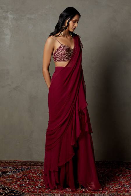 Buy RI.Ritu Kumar Wine Viscose Embroidery, Beads, Sequins Sweetheart Pre-draped Saree With Blouse Online at Aza Fashions Buy_RI.Ritu Kumar_Wine Viscose Embroidery, Beads, Sequins Sweetheart Pre-draped Saree With Blouse _Online_at_Aza_Fashions