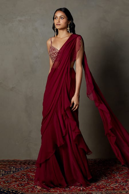 RI.Ritu Kumar Wine Viscose Embroidery, Beads, Sequins Sweetheart Pre-draped Saree With Blouse at Aza Fashions RI.Ritu Kumar_Wine Viscose Embroidery, Beads, Sequins Sweetheart Pre-draped Saree With Blouse _at_Aza_Fashions