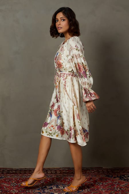 RI.Ritu Kumar_Off White Murshidabad Silk Dt Printed And Hand Embroidered Floral Tropical Dress_Online_at_Aza_Fashions