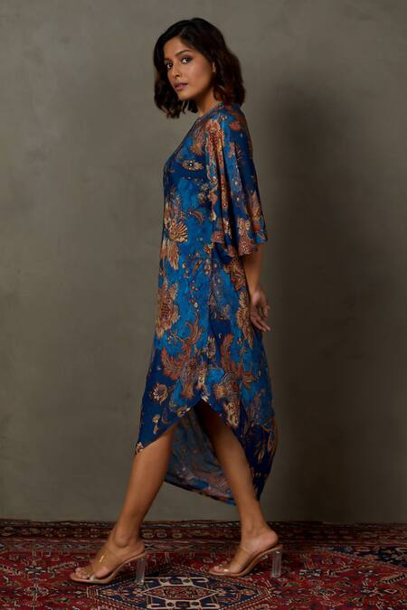 RI.Ritu Kumar_Blue Rayon Crepe Printed And Hand Embroidered Floral Liberty Draped Dress _Online_at_Aza_Fashions