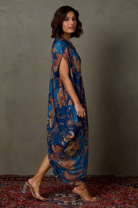 Buy_RI.Ritu Kumar_Blue Rayon Crepe Printed And Hand Embroidered Floral Liberty Draped Dress _Online_at_Aza_Fashions