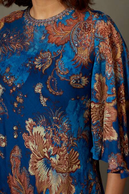 Shop_RI.Ritu Kumar_Blue Rayon Crepe Printed And Hand Embroidered Floral Liberty Draped Dress _Online_at_Aza_Fashions