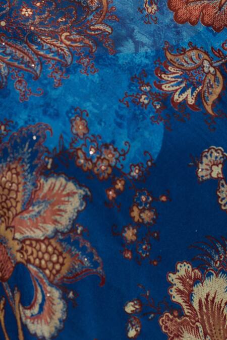 RI.Ritu Kumar_Blue Rayon Crepe Printed And Hand Embroidered Floral Liberty Draped Dress _at_Aza_Fashions