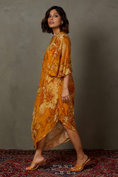 RI.Ritu Kumar_Yellow Rayon Crepe Printed And Hand Embroidered Floral Liberty Asymmetric Dress _Online_at_Aza_Fashions