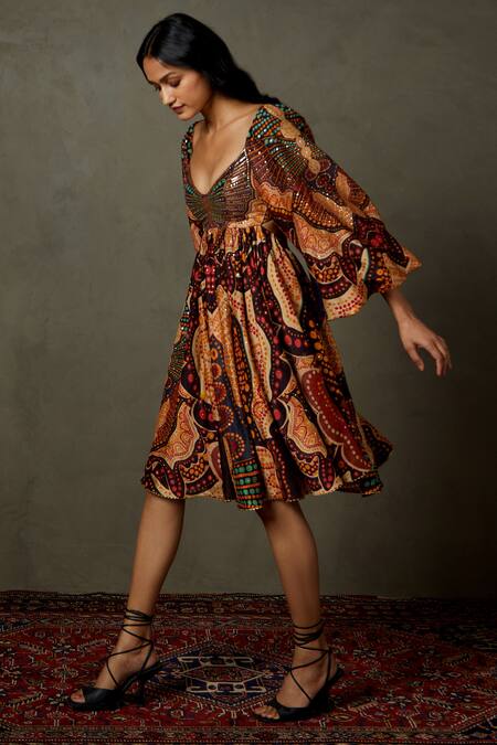 RI.Ritu Kumar Black Cotton Silk Printed And Hand Embroidered Abstract Dotted & Dress Online at Aza Fashions RI.Ritu Kumar_Black Cotton Silk Printed And Hand Embroidered Abstract Dotted & Dress _Online_at_Aza_Fashions