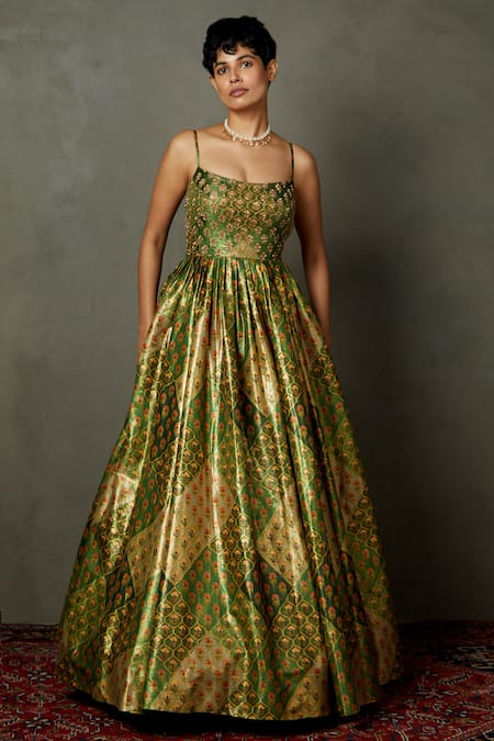 Buy Green Nylon And Viscose Embroidery Sequin V Neck Ana Metallic Gown For  Women by Geisha Designs Online at Aza Fashions.