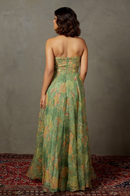 Shop RI.Ritu Kumar Green Silk Organza Embroidered And Printed Botanical Sweetheart Neck Dress at Aza Fashions Shop_RI.Ritu Kumar_Green Silk Organza Embroidered And Printed Botanical Sweetheart Neck Dress _at_Aza_Fashions