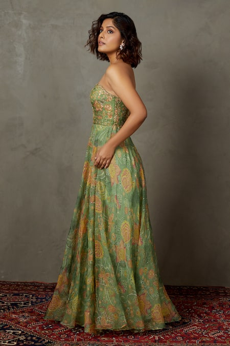 RI.Ritu Kumar Green Silk Organza Embroidered And Printed Botanical Sweetheart Neck Dress Online at Aza Fashions RI.Ritu Kumar_Green Silk Organza Embroidered And Printed Botanical Sweetheart Neck Dress _Online_at_Aza_Fashions