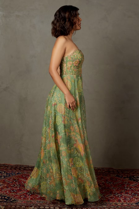 Buy RI.Ritu Kumar Green Silk Organza Embroidered And Printed Botanical Sweetheart Neck Dress Online at Aza Fashions Buy_RI.Ritu Kumar_Green Silk Organza Embroidered And Printed Botanical Sweetheart Neck Dress _Online_at_Aza_Fashions
