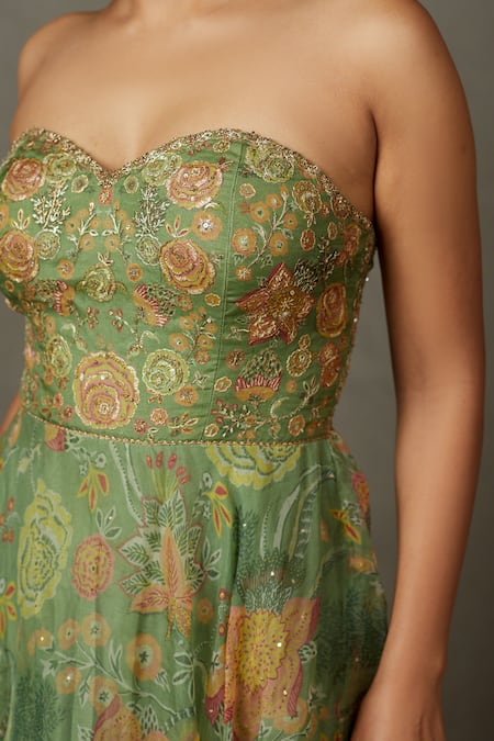 Shop RI.Ritu Kumar Green Silk Organza Embroidered And Printed Botanical Sweetheart Neck Dress Online at Aza Fashions Shop_RI.Ritu Kumar_Green Silk Organza Embroidered And Printed Botanical Sweetheart Neck Dress _Online_at_Aza_Fashions