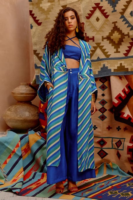 Pallavi Jaipur Blue Silk, Tussar Embroidery Collared, Bandeau Cobalt Leheriya Trench Coat Set Online at Aza Fashions Pallavi Jaipur_Blue Silk, Tussar Embroidery Collared, Bandeau Cobalt Leheriya Trench Coat Set _Online_at_Aza_Fashions