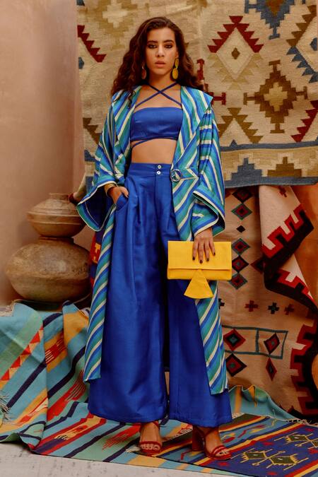 Shop Pallavi Jaipur Blue Silk, Tussar Embroidery Collared, Bandeau Cobalt Leheriya Trench Coat Set Online at Aza Fashions Shop_Pallavi Jaipur_Blue Silk, Tussar Embroidery Collared, Bandeau Cobalt Leheriya Trench Coat Set _Online_at_Aza_Fashions