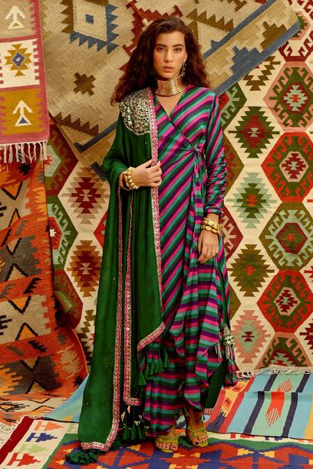 Pallavi Jaipur Multi Color Angarkha-wrinkle Crepe Embroidered Indi-leheriya Angarkha Pant Set