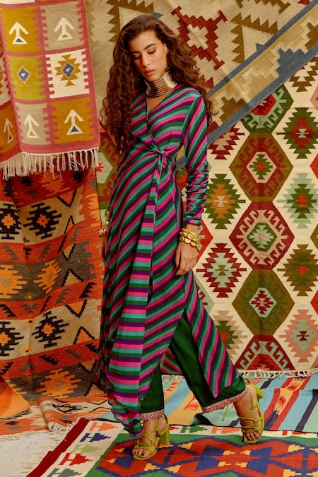 Shop Pallavi Jaipur Multi Color Chanderi, Crepe, Silk Embroidery, Indi-leheriya Angarkha Pant Set at Aza Fashions Shop_Pallavi Jaipur_Multi Color Chanderi, Crepe, Silk Embroidery, Indi-leheriya Angarkha Pant Set _at_Aza_Fashions