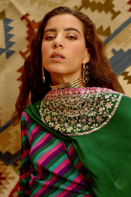 Shop Pallavi Jaipur Multi Color Chanderi, Crepe, Silk Embroidery, Indi-leheriya Angarkha Pant Set Online at Aza Fashions Shop_Pallavi Jaipur_Multi Color Chanderi, Crepe, Silk Embroidery, Indi-leheriya Angarkha Pant Set _Online_at_Aza_Fashions