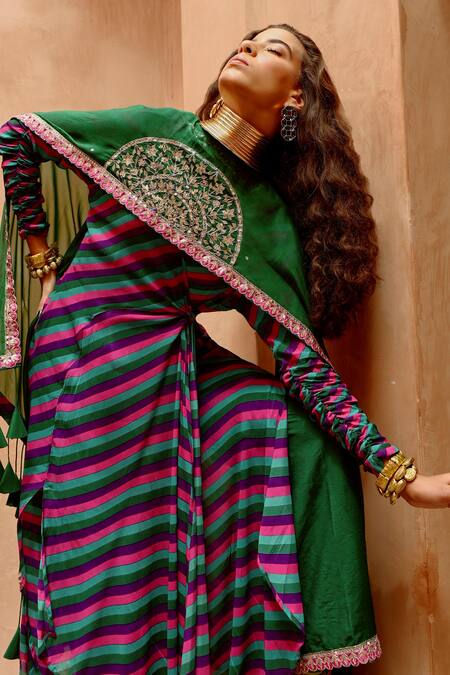 Pallavi Jaipur Multi Color Chanderi, Crepe, Silk Embroidery, Indi-leheriya Angarkha Pant Set at Aza Fashions Pallavi Jaipur_Multi Color Chanderi, Crepe, Silk Embroidery, Indi-leheriya Angarkha Pant Set _at_Aza_Fashions