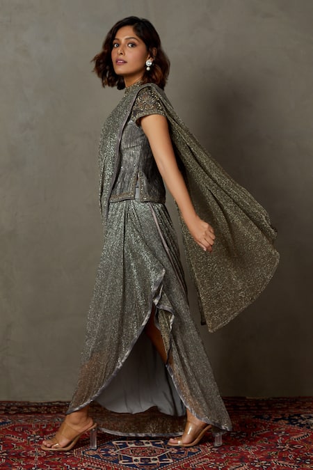 RI.Ritu Kumar Black Polyester Lurex Hand Embroidered Zardozi Work High Neck Blouse Set Online at Aza Fashions RI.Ritu Kumar_Black Polyester Lurex Hand Embroidered Zardozi Work High Neck Blouse Set_Online_at_Aza_Fashions